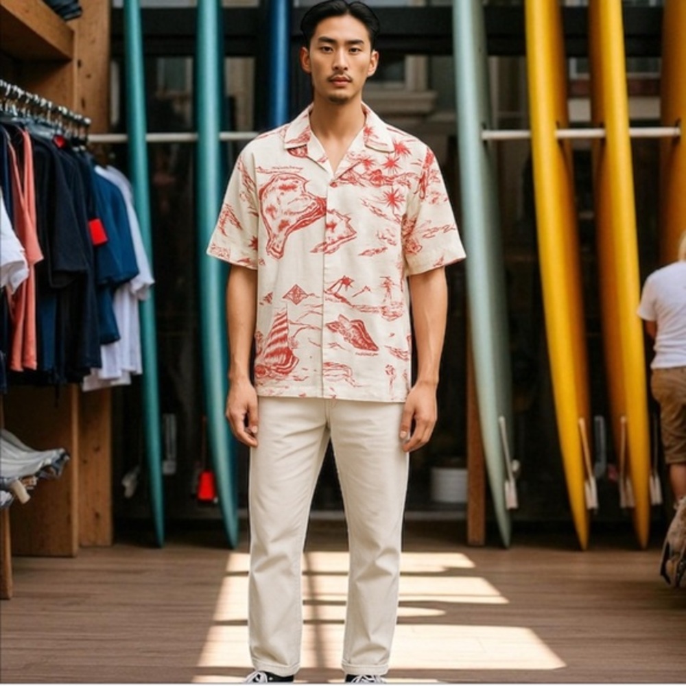 Vintage 70’s  Shoreline Hawaii white & red island print shirt. 🌺🌸
